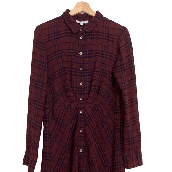 THAKOON COLLECTIVE Crinkle Crepe Plaid Dark Academia ShirtDress Maroon Designer - Picture 10 of 14